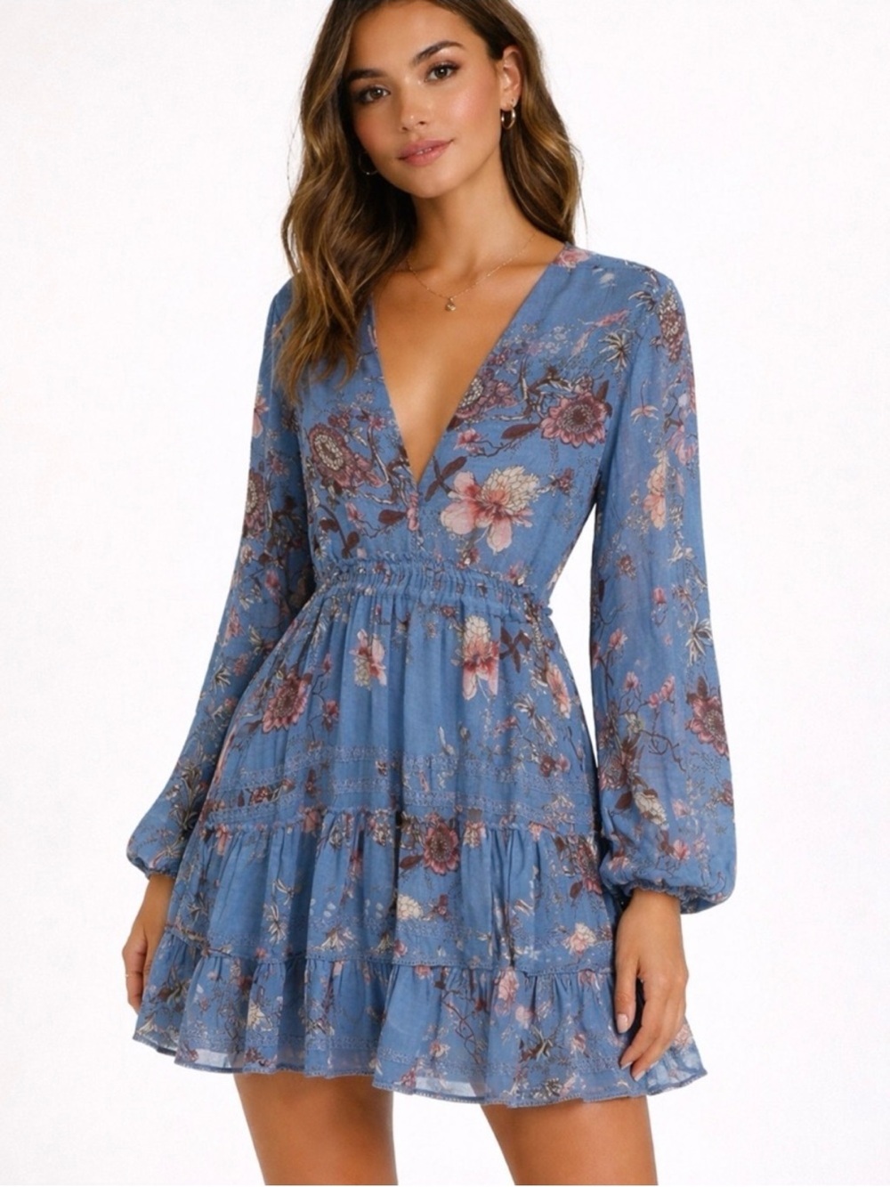 Free People Blue Floral Long-Sleeve Tiered Mini Dress